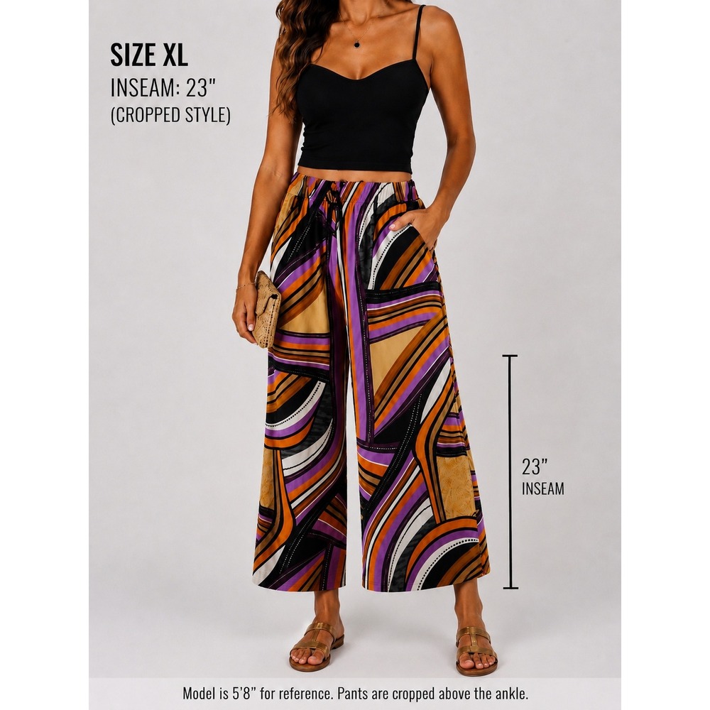 Robert Louis Wide Leg Pants XL Orange Purple Abstract Geometric Print Tie Waist